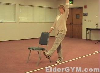 Single Limb Stance with arm Stand with feet together and arms at sides. Hold on to a chair with your right hand for support if needed.