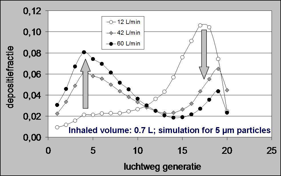 Deposition shifts to larger airways when the flow rate is increased Deposition