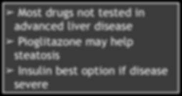 Liver dysfunction - Hypoglycemia Most drugs not tested in advanced liver disease