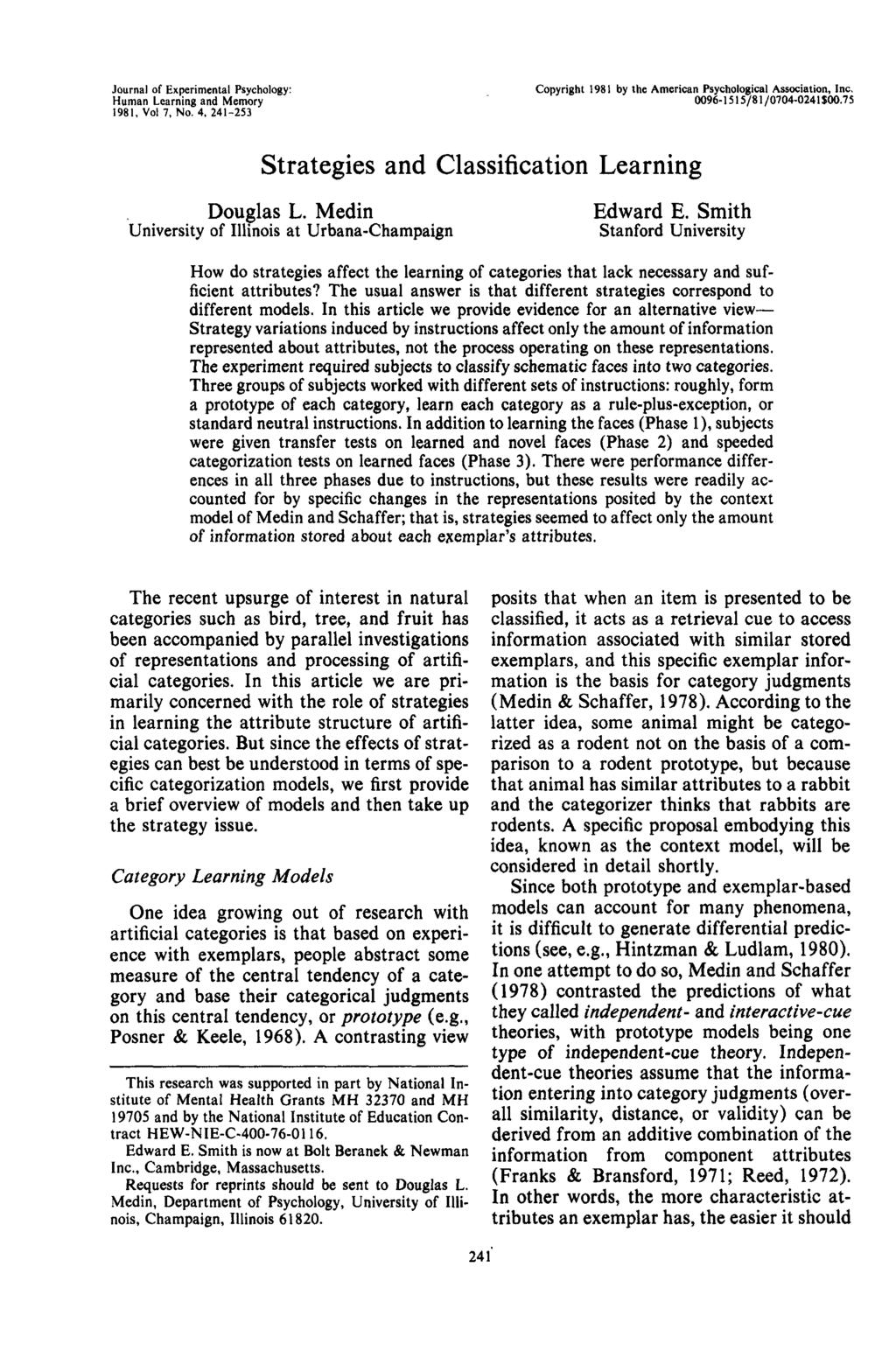 Journal of Experimental Psychology: Human Learning and Memory 98, Vol 7, No. 4, 24-253 Copyright 98 by the American Psychological Association, Inc. 96-55/8/74-24J.