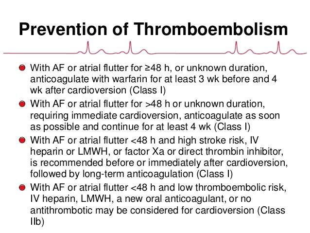 For patients with AF or atrial flutter of 48 hours duration or longer or when duration of AF is unknown, anticoagulation