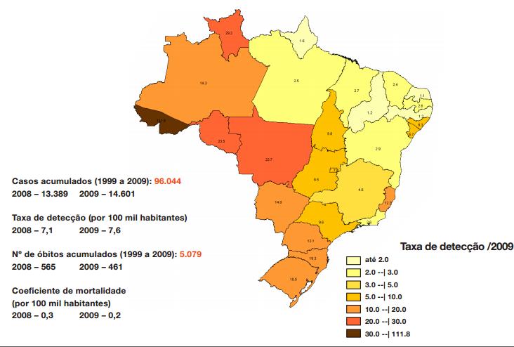Map: Detection rate by 10 5 inhab by Brazilian region, 1999 2009 of hepatits B.