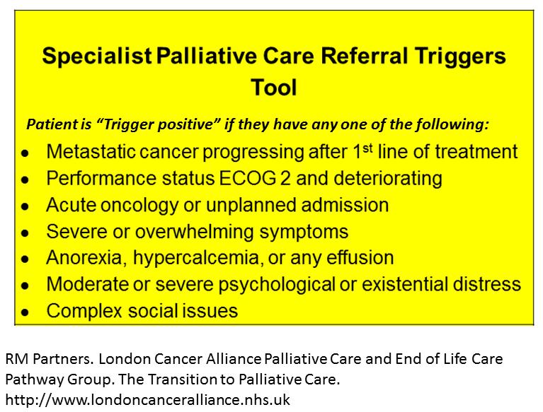 Triggers tool: Underpins a new Integrated PC and Oncology Service Triggers Tool to proactively identify which cancer patients may benefit from Specialist Palliative Care referral Specialist