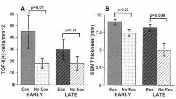 A, Eosinophilic inflammation in early-onset asthma is associated with increased TGF-β (+) cells. Eosinophils do not associate with differences in TGF-β (+) cells in late-onset asthma.