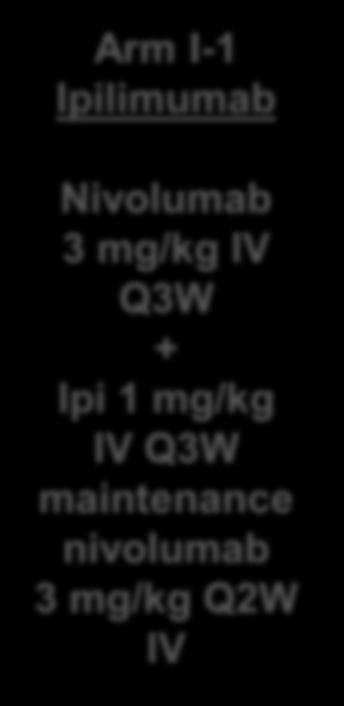 3, 2, or 5 mg/kg IV Q3W + Paz 800 mg/d PO Arm I-1 Ipilimumab Nivolumab 3 mg/kg IV Q3W + Ipi 1 mg/kg IV Q3W maintenance nivolumab 3 mg/kg Q2W IV Arm I-3 Ipilimumab Nivolumab 1 mg/kg IV Q3W + Ipi 3