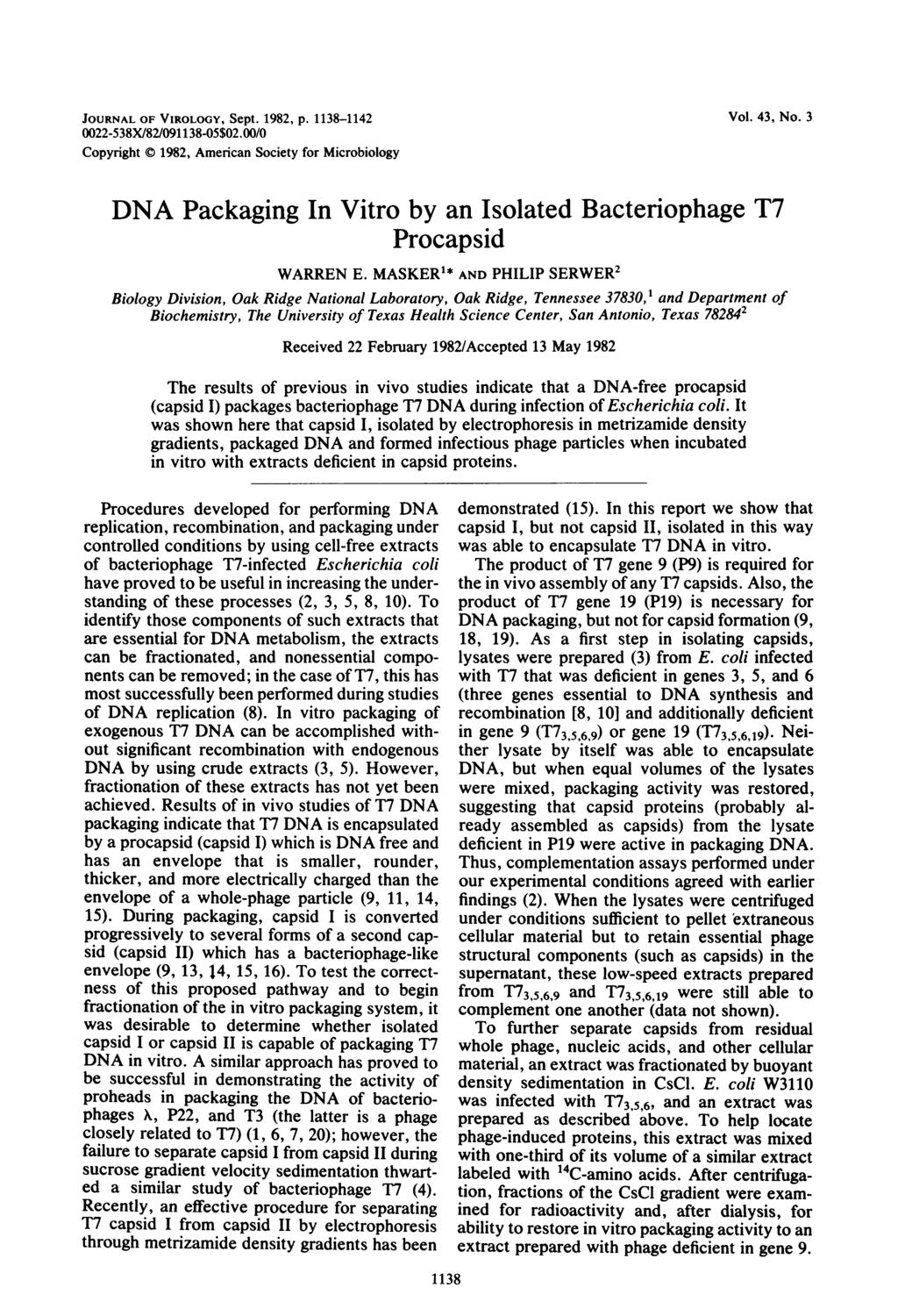 JOURNAL OF VIROLOGY, Sept. 1982, p. 1138-1142 22-538X/82/91138-5$2./ Copyright C 1982, American Society for Microbiology Vol. 43, No.