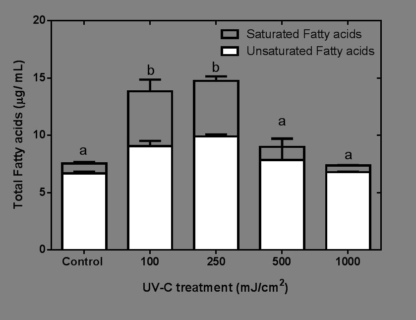 UV-C treatment induces production of polyunsaturated fatty acids (PUFA) To further quantify fatty acid contents and profile individual fatty acids, GC-MS was carried out on algal cultures.