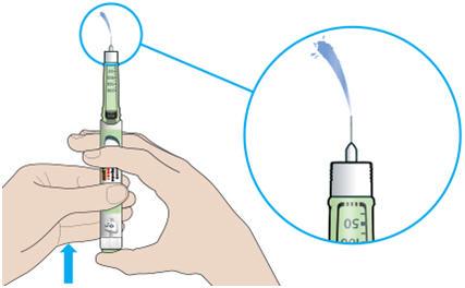 3B Press the injection button all the way in. When insulin comes out of the needle tip, your pen is working correctly.