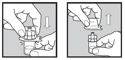 When you are sure the adapter is attached to the vial, lift off the package from the vial adapter. Gently set the vial with vial adapter down on your clean work surface.