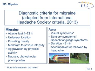 1. https://www.ichd-3.org/1-migraine/: International Headache Society classification Visual symptoms include: Blind spots (scotomas), sometimes outlined by simple geometric shapes.