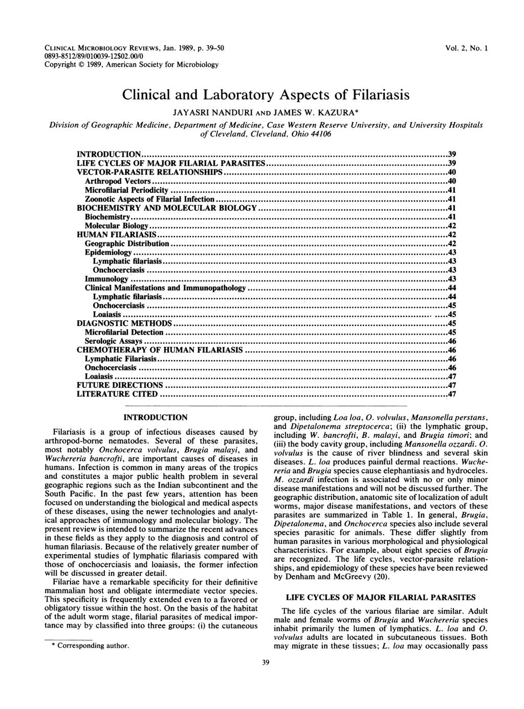 CLINICAL MICROBIOLOGY REVIEWS, Jan. 1989, p. 39-50 Vol. 2, No. 1 0893-8512/89/010039-12$02.
