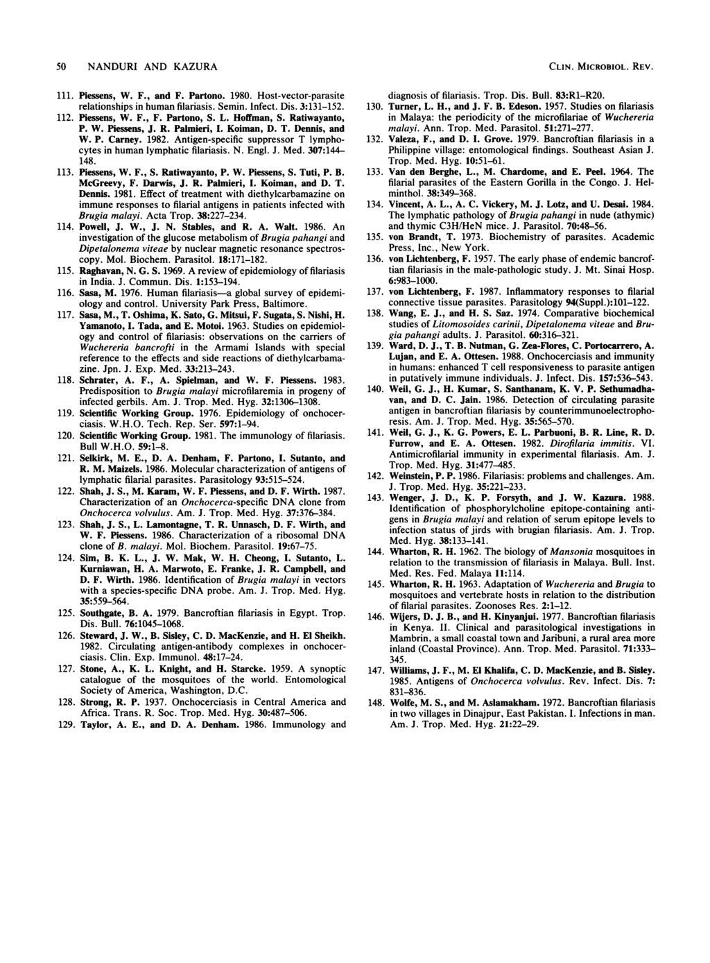 50 NANDURI AND KAZURA 111. Piessens, W. F., and F. Partono. 1980. Host-vector-parasite relationships in human filariasis. Semin. Infect. Dis. 3:131-152. 112. Piessens, W. F., F. Partono, S. L.