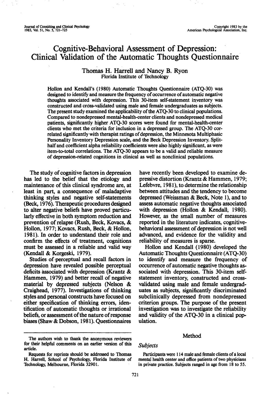Journal of Consulting and Clinical Psychology 1983, Vol. 51, No. 5, 721-725 Copyright 1983 by the American Psychological Association, Inc.