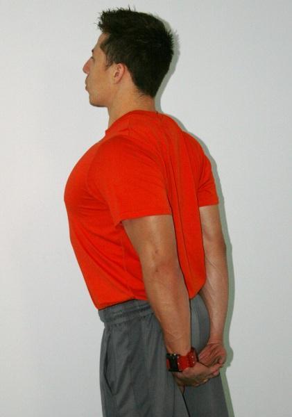 The palm should be placed flat against the wall at shoulder height, with the arm fully extended.
