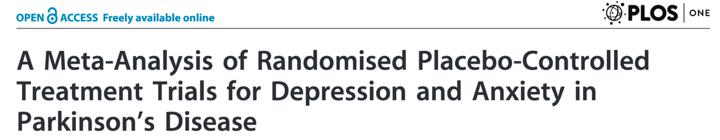 9 trials: Antidepressants for depression moderate effect but non-significant Antidepressants on anxiety in PD was