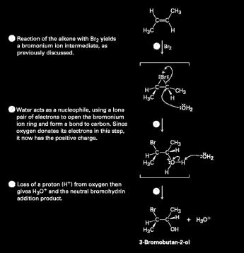 Halohydrins from Alkenes X 2 reacts with alkene to give cyclic halonium ion intermediate Intermediate halonium ion is intercepted by water nucleophile Oxygen loses proton to give the neutral