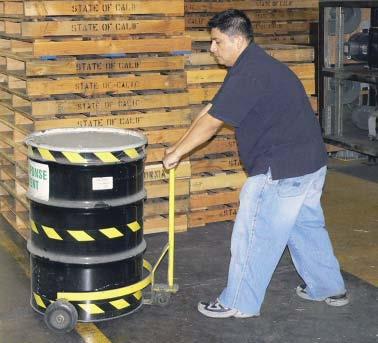 Use a drum dolly (positioner) for handling drums or barrels unless they are very light or empty.