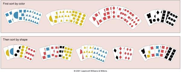 Wisconsin card sorting task (WCST) requires participants to determine how to sort cards on the basis of unknown categories (color, form and number) based on feedback Sorting rule is changed during