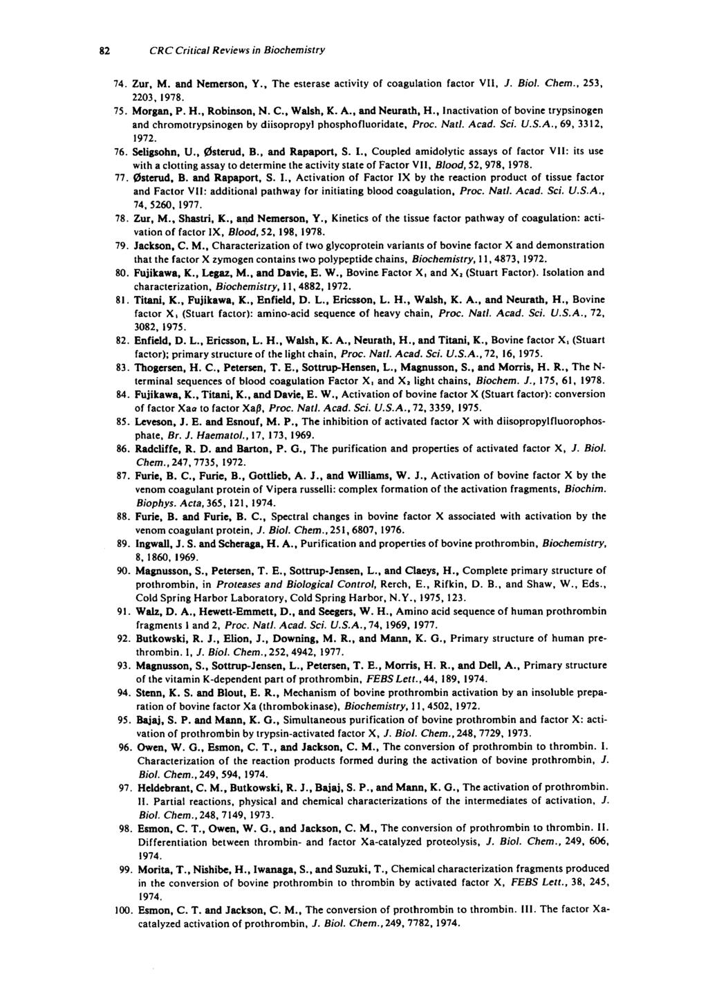 82 CRC Critical Reviews in Biochemistry 74. Zur. M. and Nemcrson, Y.. The esterase activity of coagulation factor VI1. 1. Biol. Chem.. 253, 2203. 1978. 75. Morgan. P. H., Robinson, N. C.. Walsh, K. A.