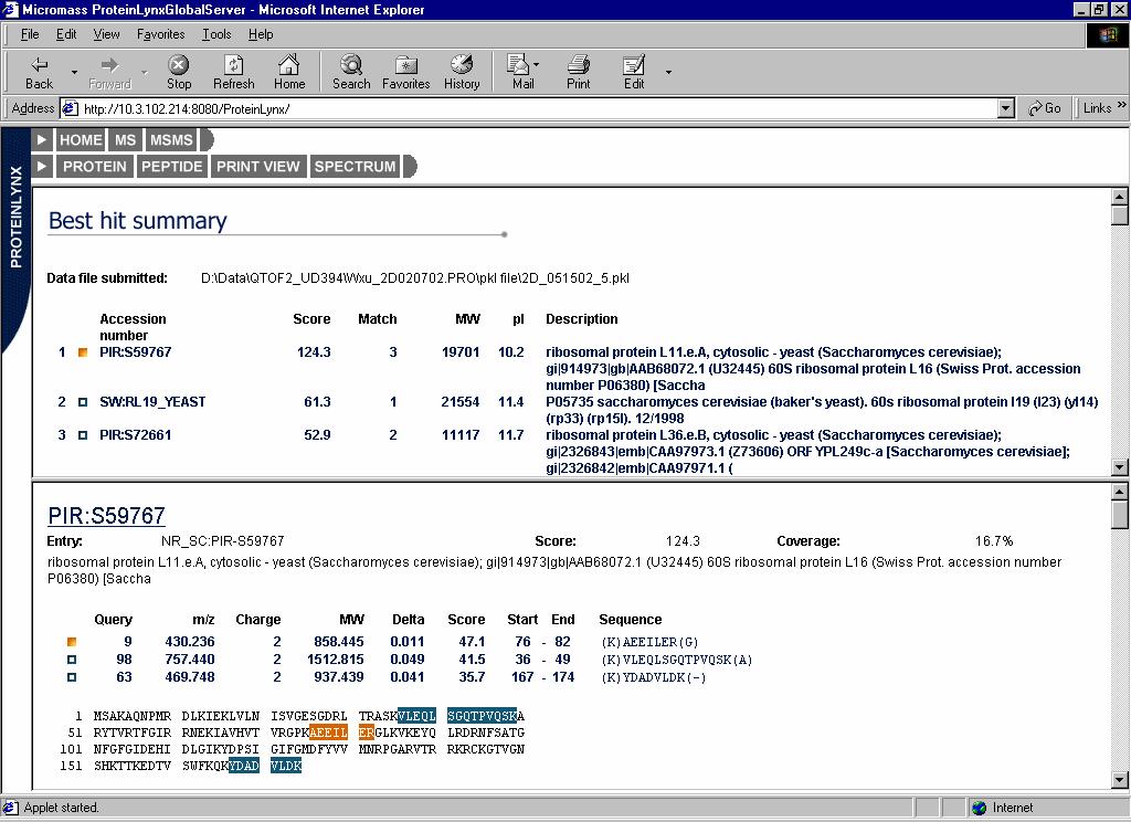 Example Display of ProteinLynx TM Global Server