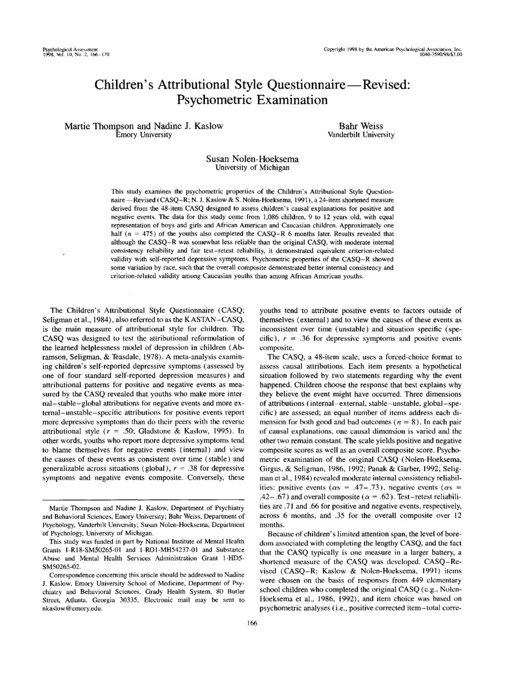 Psychological Assessment 1998, Vol. 10, No. 2, 166-170 Copyright 1998 by the American Psychological Association, Inc. 1040-3590/98/J3.