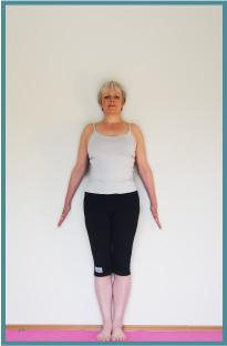 Tadasana Stand with your feet together, your big toes and inner heels touching. (You can have your back to the wall for balance, heels slightly away from the wall so your legs are upright.