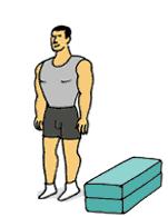 Jump using left foot onto the box. 2. Raise body using the right foot only until leg is extended 3. Lower to start position with both feet back on the ground.