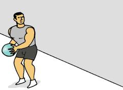 Stand with feet hip-width apart; place right foot approximately one foot in front of left foot. 2. Hold medicine ball with both hands and arms only slightly bent. 3.