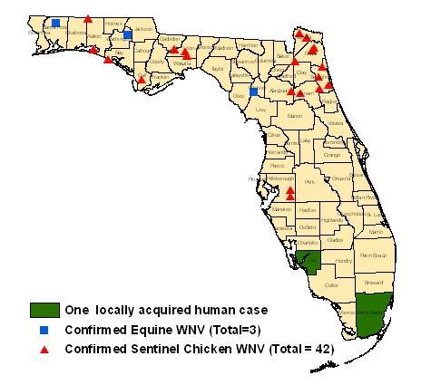 West Nile Virus in Florida, 2009 Through 10/10/09 2 locally acquired human