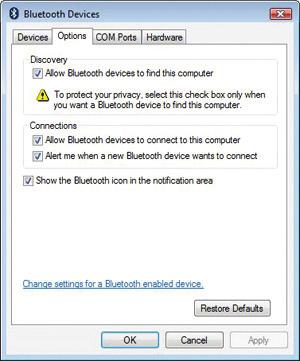 Click the Options tab and make sure Allow Bluetooth devices to find this computer and Allow Bluetooth devices to connect to this computer are both checked.