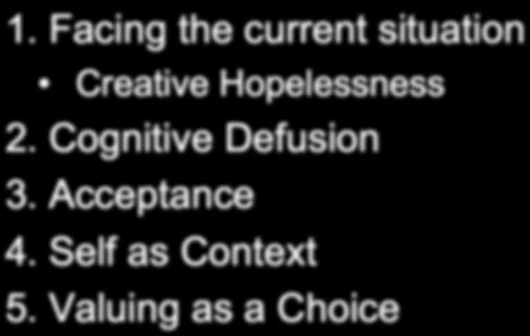 Facing the current situation Creative Hopelessness 2. Cognitive Defusion 3. Acceptance 4. Self as Context 5.