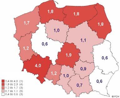 HIV in Poland Average annual rates of HIV infections reported at the National Institute of Hygiene as newly detected in the years 2001-2005 (by voivodeships) Number of infected