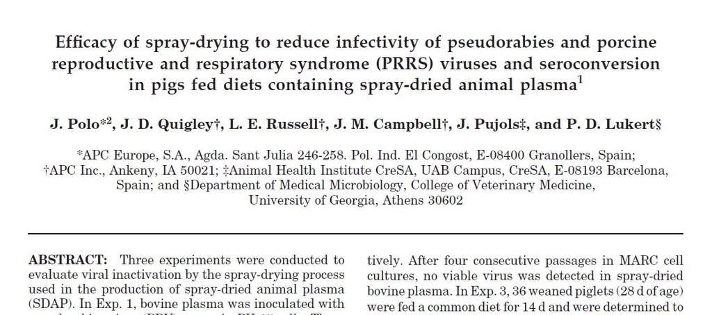 Inactivation of PRRSv Inoculated in Liquid Bovine Plasma by Spray Drying