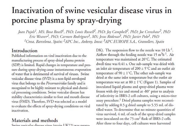 Inactivation of SVD Inoculated in Porcine Plasma by Spray-Drying Sample ID Exit Temp, 90 o C Inoculated liquid