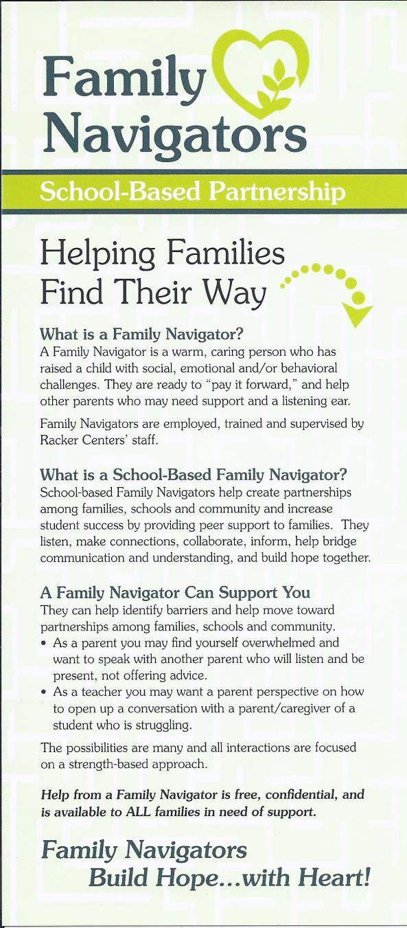 School-Based Family Navigator Partnership Model Bonita Davis, Family Navigator Franziska Racker Centers Groton Public Schools Tina