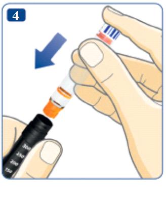 Take a new insulin cartridge. Hold the black cartridge holder and let the cartridge slide in with the threaded end first as illustrated.