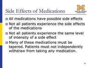Slide 38: Learning About Medications You must learn about each of your new medications before you can be discharged from the hospital.