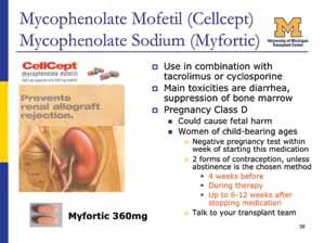 Slide 41: Mycophenolate Mofetil (Cellcept ) / Mycophenolate Sodium (Myfortic ) These medications are used in combination with tacrolimus or cyclosporine.