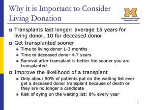 Slide 7: Why it is Important to Consider Living Donation Transplants using living donor kidneys last longer.