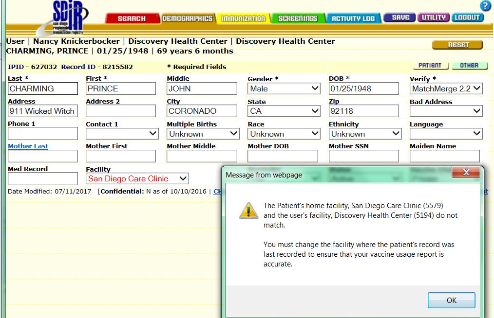 MATCHING THE USER S LOG IN WITH THE DEMOGRAPHICS FACILITY FIELD Do Not Ignore This Warning!