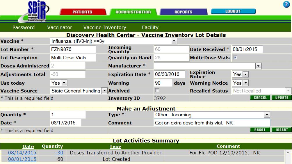DOCUMENTING EXTRA DOSES OF FLU VACCINE IN SDIR FROM MULTI-DOSE VIALS 29 Sanofi Pasteur 2 1 3 4 5 1. Once you ve clicked on blue Inv ID, go to the Make an Adjustment section. 2. Enter the Quantity (doses that are extra), and Date fields.
