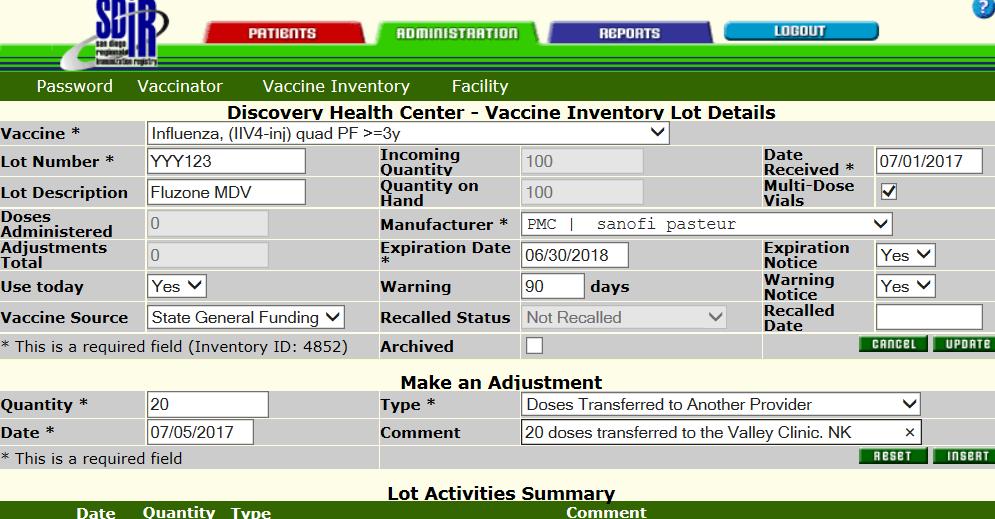 HOW TO MAKE AN ADJUSTMENT FOR THE DOSES YOU WANT TO TRANSFER TO OTHER SITES. 80 20 1 2 3 4 5 1. Once you ve clicked on the blue Inv ID # 4852, go to the Make Adjustment section. 2. Enter the Quantity (doses you are transferring), and Date fields.