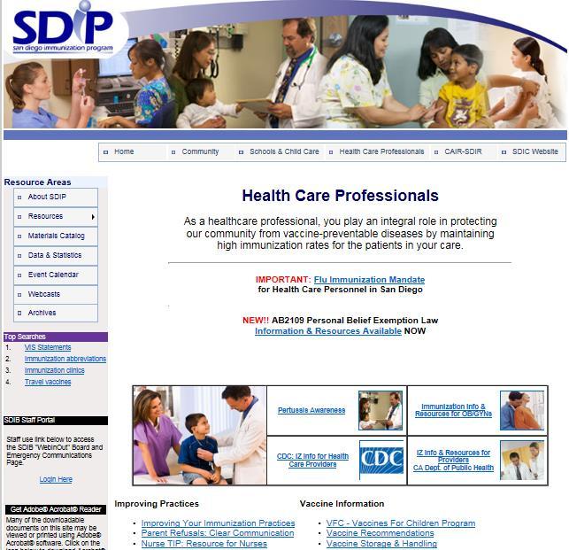 County of San Diego Immunization Program (SDIP) Website The SDIP website (sdiz.