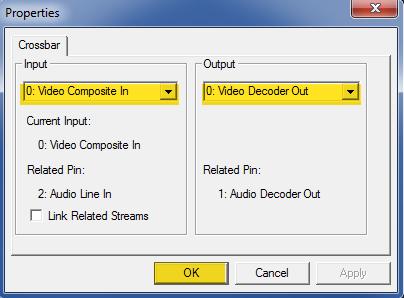 In the Properties window, use the pull-down menus to verify the following settings: Input = Video Composite In.