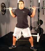 Tips: Works more of the inner thighs. Place a barbell on your upper back. Use a comfortable hand grip.