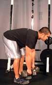 Tips: Bend at your waist with your head up, back straight and knees nearly locked. Hold bar with hands about 16 inches apart. Straighten up while holding the bar at arm's length.