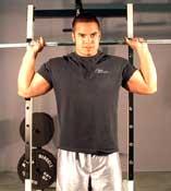 Tips: Place a barbell on your upper back. Stand with your feet about shoulder width apart. Keep hands about 4-6 inches wider than shoulder width. Press bar overhead to arm's length.