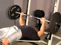 Keep your head on the bench and do not arch your back. Can also be done with a close or wide grip, or with DUMBBELLS.