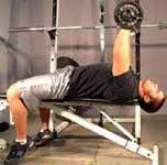 flat bench with your head off the end. Hold a barbell or EZ Curl bar with hands about 6 inches apart.