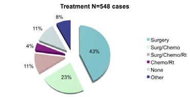 The next most common treatments administered were surgery followed by chemotherapy (23